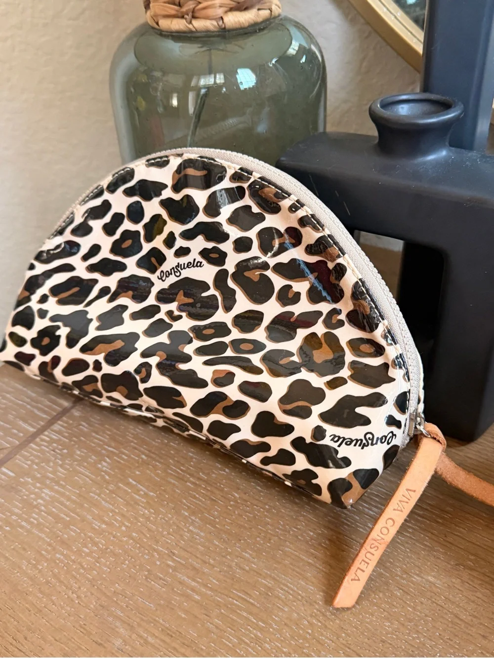 Consuela Leopard Print Patent Half-Moon Cosmetic Pouch in Cream, Black, Brown